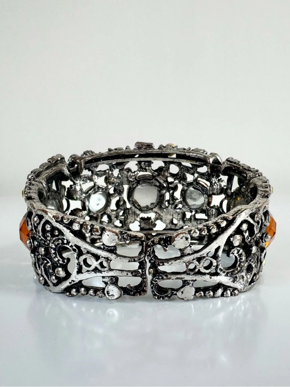 Amber Crystal Metal Cuff Bracelet Scrollwork Iridescent Rhinestone